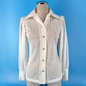 70s Vintage Western Blouse Bishop Sleeve Dagger Collar White 1970s Rodeo XS
